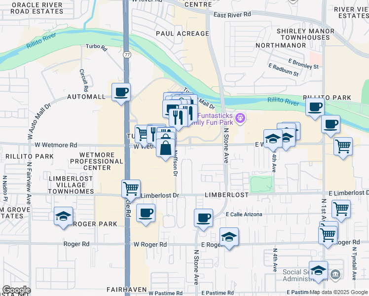 map of restaurants, bars, coffee shops, grocery stores, and more near 33 West Wetmore Road in Tucson