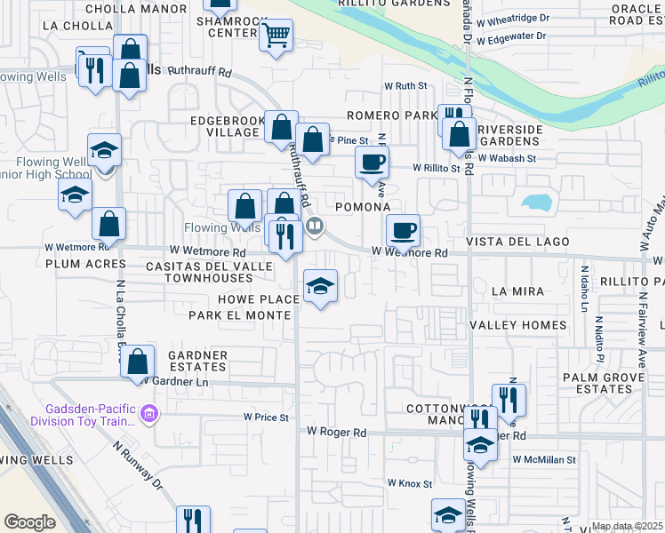 map of restaurants, bars, coffee shops, grocery stores, and more near 1659 West Wetmore Road in Tucson