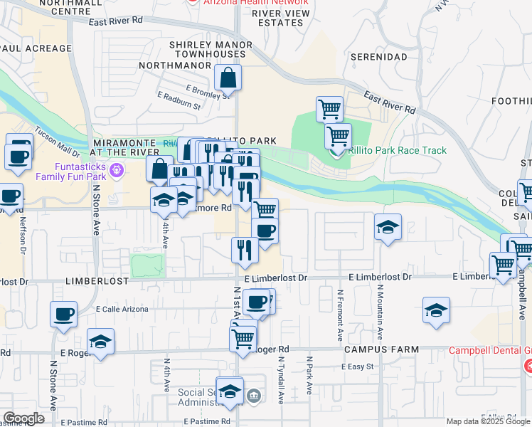 map of restaurants, bars, coffee shops, grocery stores, and more near 800 East Wetmore Road in Tucson