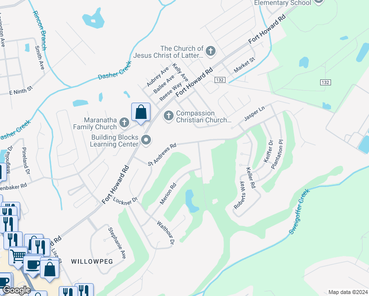 map of restaurants, bars, coffee shops, grocery stores, and more near 115 Saint Andrews Road in Rincon