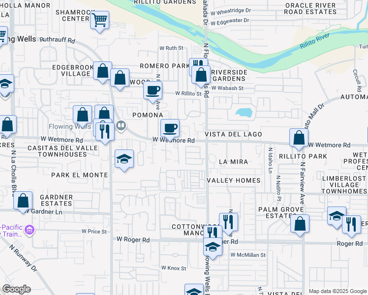 map of restaurants, bars, coffee shops, grocery stores, and more near 4315 North Flowing Wells Road in Tucson
