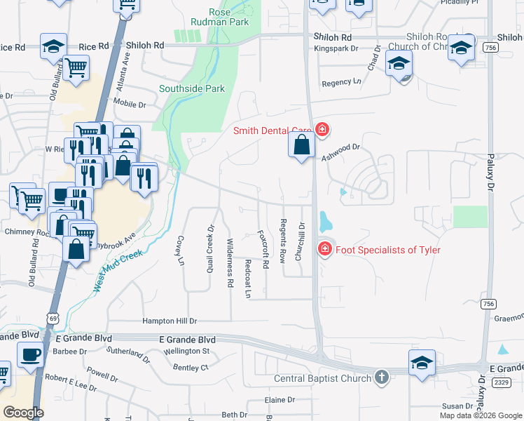 map of restaurants, bars, coffee shops, grocery stores, and more near 5811 Foxcroft Road in Tyler