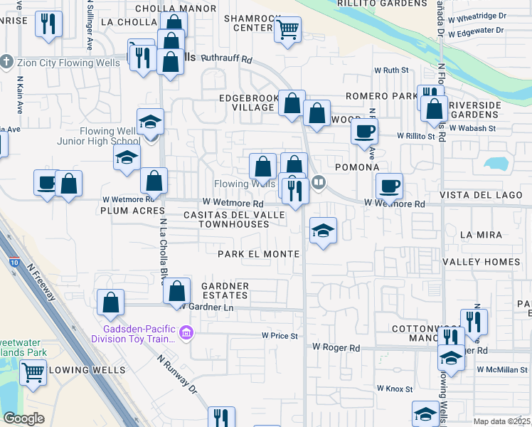 map of restaurants, bars, coffee shops, grocery stores, and more near 4351 North Record Place in Tucson