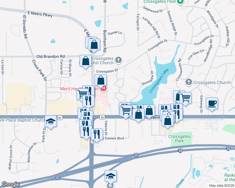 map of restaurants, bars, coffee shops, grocery stores, and more near 34 Timber Ridge Drive in Brandon