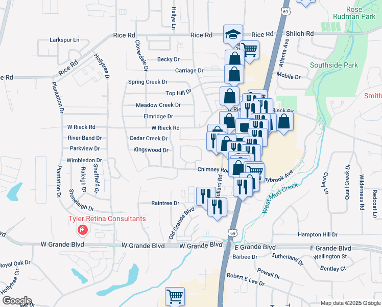 map of restaurants, bars, coffee shops, grocery stores, and more near 323 Chimney Rock Drive in Tyler