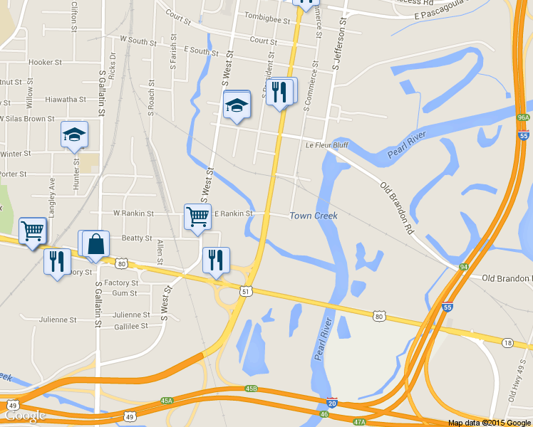 map of restaurants, bars, coffee shops, grocery stores, and more near State Street in Jackson