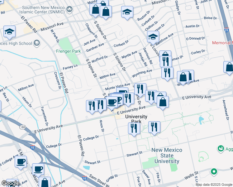 map of restaurants, bars, coffee shops, grocery stores, and more near 1116 Plain Street in Las Cruces