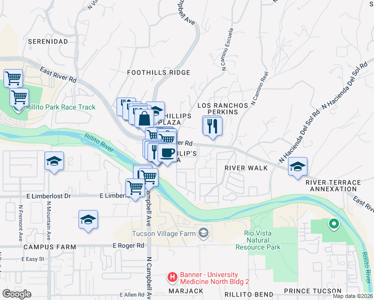 map of restaurants, bars, coffee shops, grocery stores, and more near 2200 East River Road in Tucson