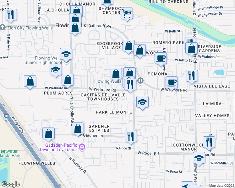 map of restaurants, bars, coffee shops, grocery stores, and more near 4351 North Record Place in Tucson