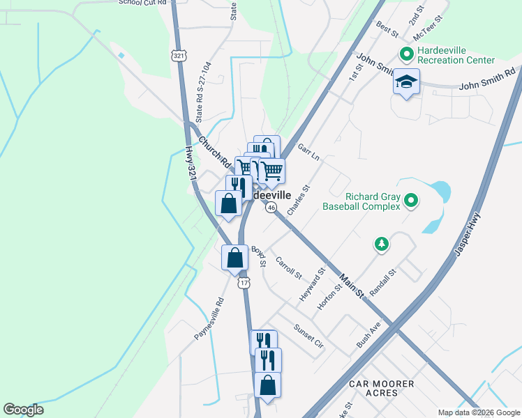 map of restaurants, bars, coffee shops, grocery stores, and more near Davis Ln in Hardeeville