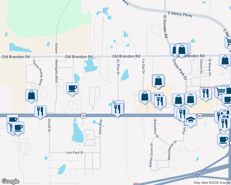 map of restaurants, bars, coffee shops, grocery stores, and more near 143 EL Pine Drive in Pearl
