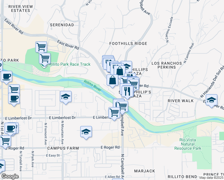 map of restaurants, bars, coffee shops, grocery stores, and more near 1820 East River Road in Tucson