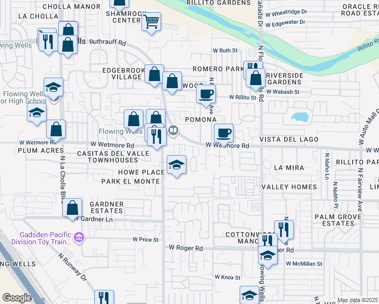 map of restaurants, bars, coffee shops, grocery stores, and more near 1659 West Wetmore Road in Tucson