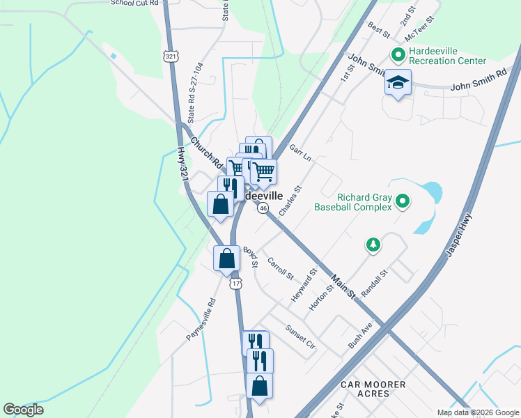 map of restaurants, bars, coffee shops, grocery stores, and more near 16 Main Street in Hardeeville