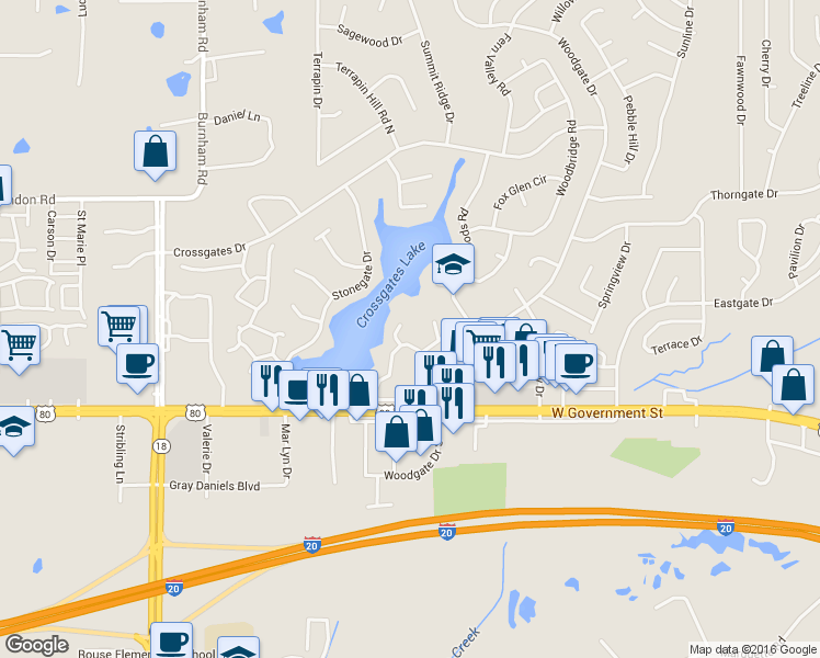 map of restaurants, bars, coffee shops, grocery stores, and more near 409 Lakebend Place in Brandon