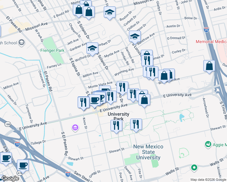 map of restaurants, bars, coffee shops, grocery stores, and more near 1270 Plain Street in Las Cruces