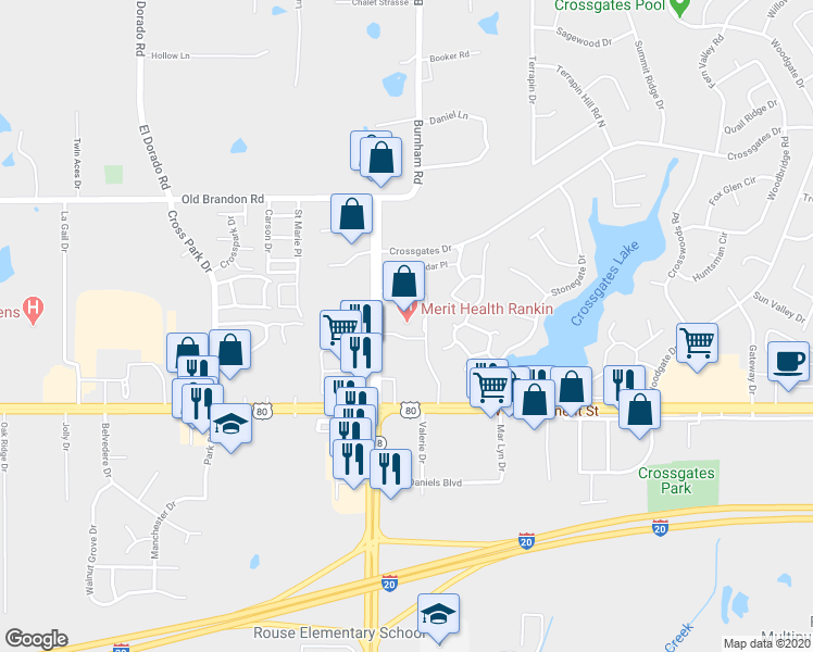 map of restaurants, bars, coffee shops, grocery stores, and more near 350 Crossgates Boulevard in Brandon