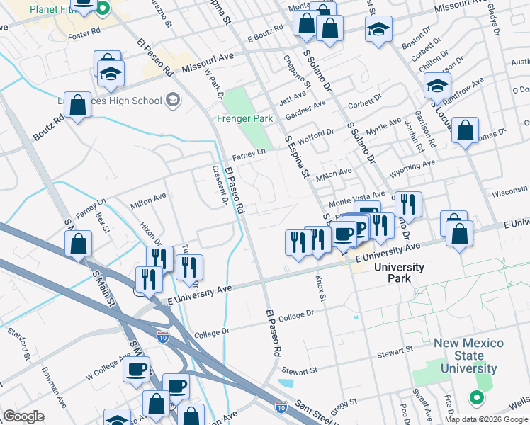map of restaurants, bars, coffee shops, grocery stores, and more near 2325 El Paseo Road in Las Cruces