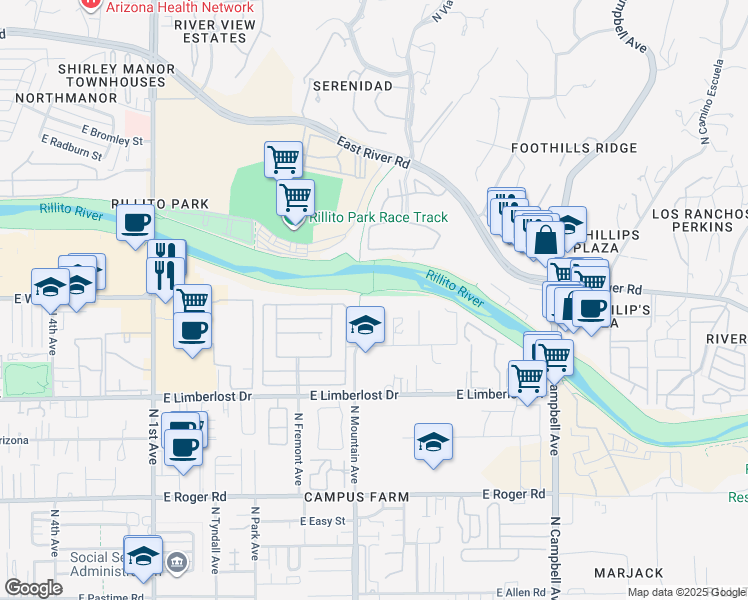 map of restaurants, bars, coffee shops, grocery stores, and more near 4356 North Atfield Place in Tucson