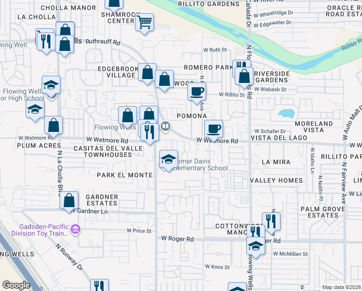 map of restaurants, bars, coffee shops, grocery stores, and more near 1659 West Wetmore Road in Tucson