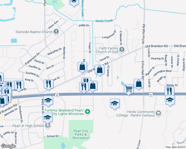map of restaurants, bars, coffee shops, grocery stores, and more near 3569 Old Brandon Road in Pearl