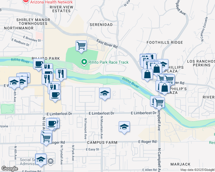 map of restaurants, bars, coffee shops, grocery stores, and more near 4356 North Atfield Place in Tucson