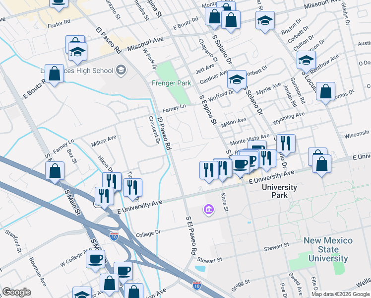 map of restaurants, bars, coffee shops, grocery stores, and more near 2325 El Paseo Road in Las Cruces