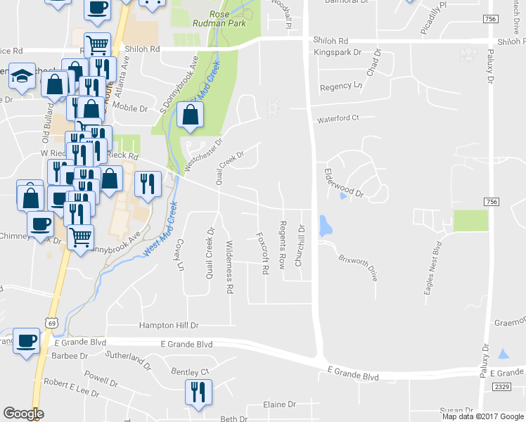 map of restaurants, bars, coffee shops, grocery stores, and more near 5700 Foxcroft Road in Tyler