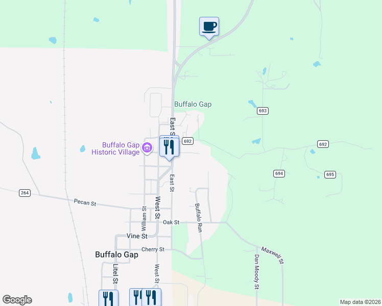 map of restaurants, bars, coffee shops, grocery stores, and more near 149 Elm Street in Buffalo Gap