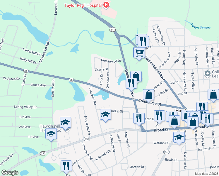 map of restaurants, bars, coffee shops, grocery stores, and more near 283 Commerce Street in Hawkinsville