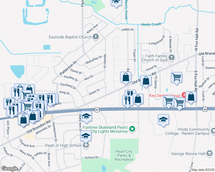 map of restaurants, bars, coffee shops, grocery stores, and more near 108 Charline Drive in Pearl