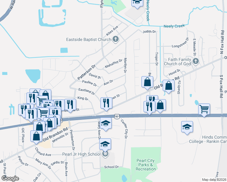 map of restaurants, bars, coffee shops, grocery stores, and more near 253 Marilyn Drive in Pearl