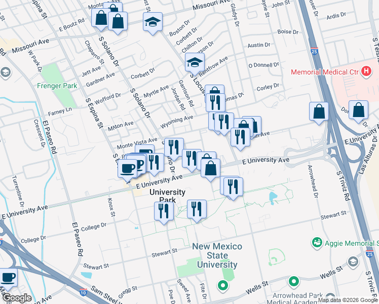 map of restaurants, bars, coffee shops, grocery stores, and more near 2600 Chaparral Street in Las Cruces