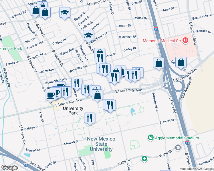 map of restaurants, bars, coffee shops, grocery stores, and more near 1615 East University Avenue in Las Cruces