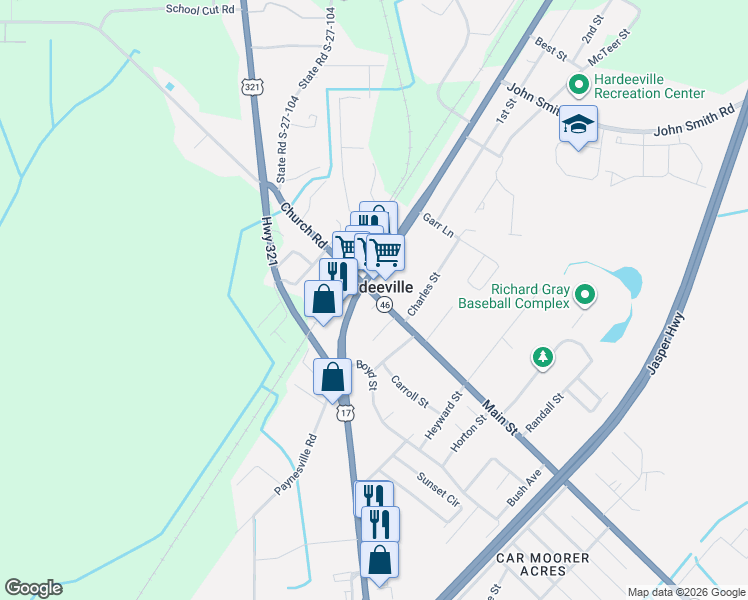 map of restaurants, bars, coffee shops, grocery stores, and more near 10 Main Street in Hardeeville