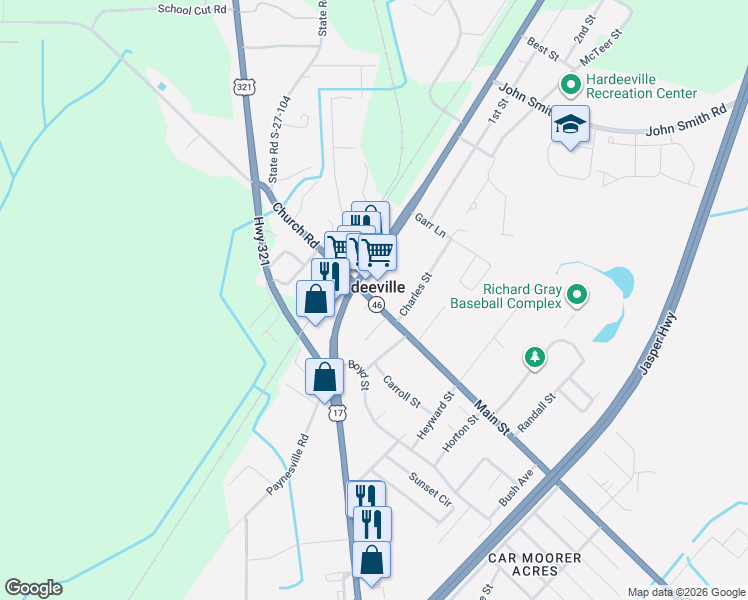 map of restaurants, bars, coffee shops, grocery stores, and more near Davis Ln in Hardeeville