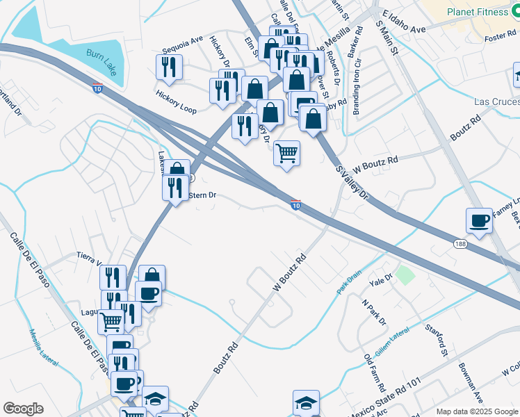 map of restaurants, bars, coffee shops, grocery stores, and more near 760 Stern Drive in Las Cruces