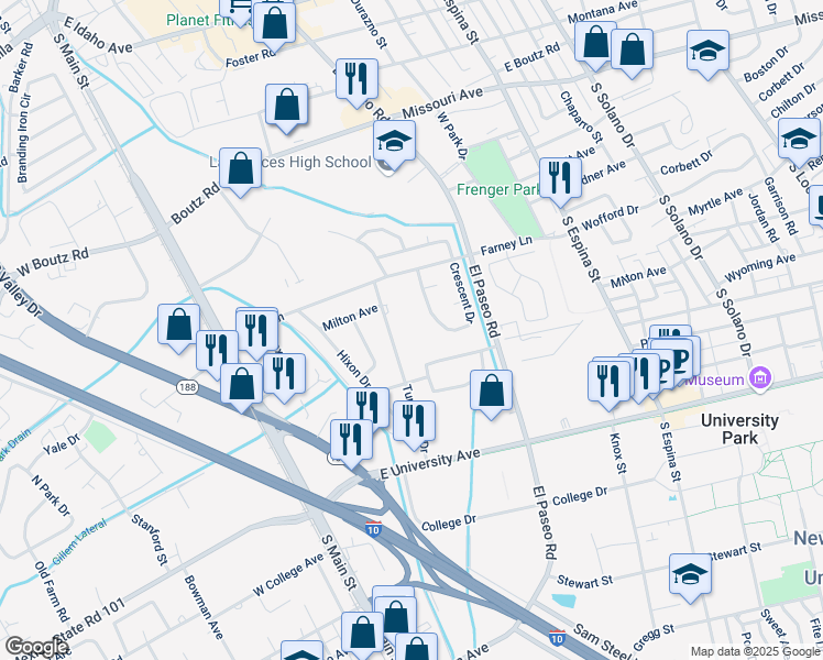 map of restaurants, bars, coffee shops, grocery stores, and more near 605 Monte Vista Avenue in Las Cruces