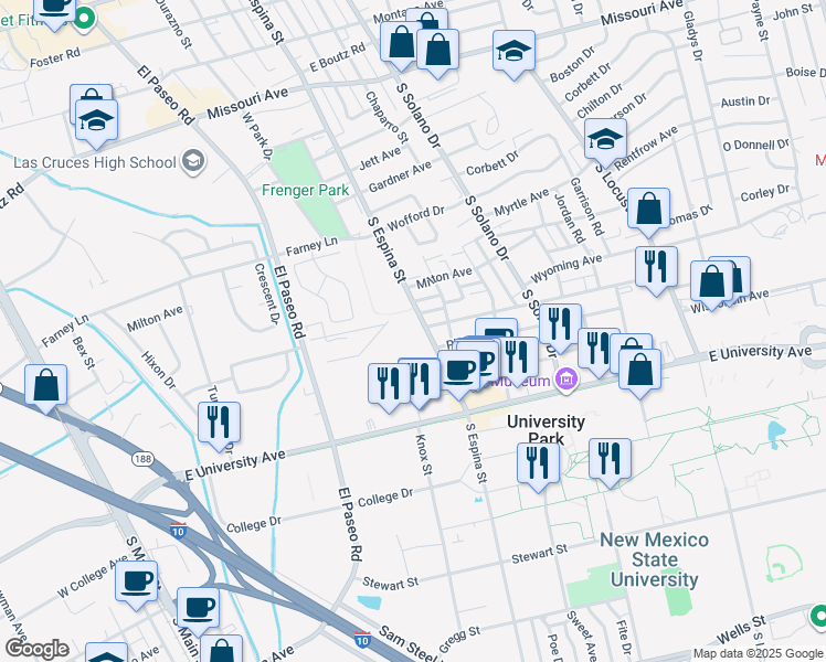 map of restaurants, bars, coffee shops, grocery stores, and more near 2418 South Espina Street in Las Cruces