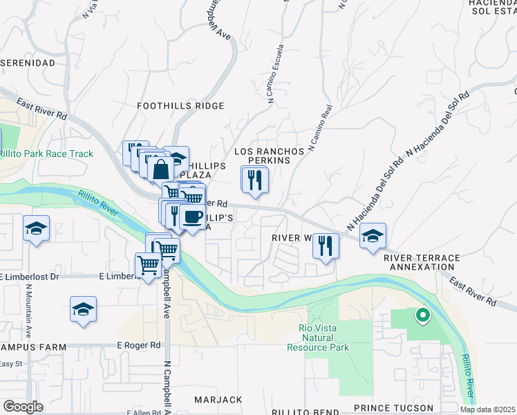 map of restaurants, bars, coffee shops, grocery stores, and more near 2389 East River Road in Tucson