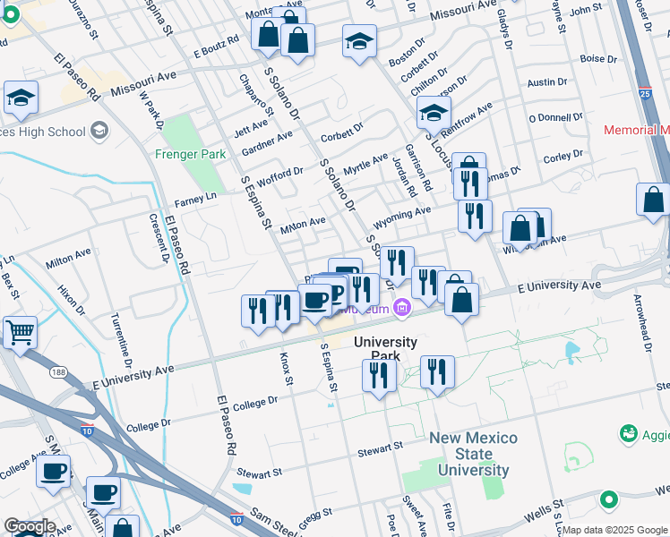 map of restaurants, bars, coffee shops, grocery stores, and more near 1116 Plain Street in Las Cruces