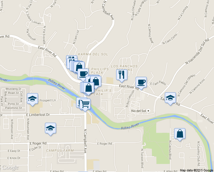 map of restaurants, bars, coffee shops, grocery stores, and more near 2000 East River Road in Tucson