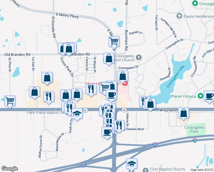 map of restaurants, bars, coffee shops, grocery stores, and more near 355 Crossgates Boulevard in Brandon