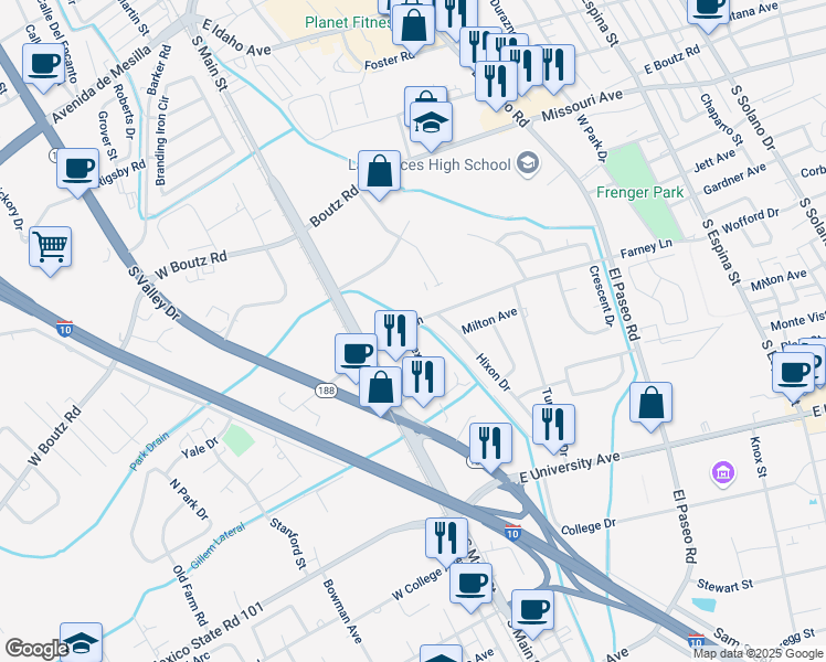 map of restaurants, bars, coffee shops, grocery stores, and more near 2105 Bex Street in Las Cruces