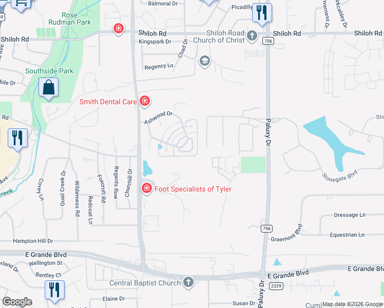 map of restaurants, bars, coffee shops, grocery stores, and more near 1161 Garden Park Circle in Tyler