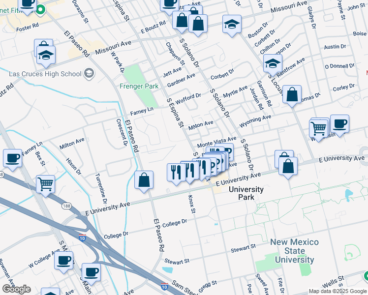 map of restaurants, bars, coffee shops, grocery stores, and more near 2250 South Espina Street in Las Cruces
