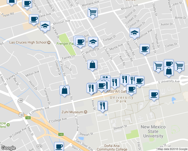 map of restaurants, bars, coffee shops, grocery stores, and more near 1001 Monte Vista Avenue in Las Cruces