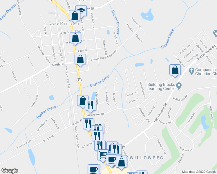 map of restaurants, bars, coffee shops, grocery stores, and more near 216 Pineland Drive in Rincon