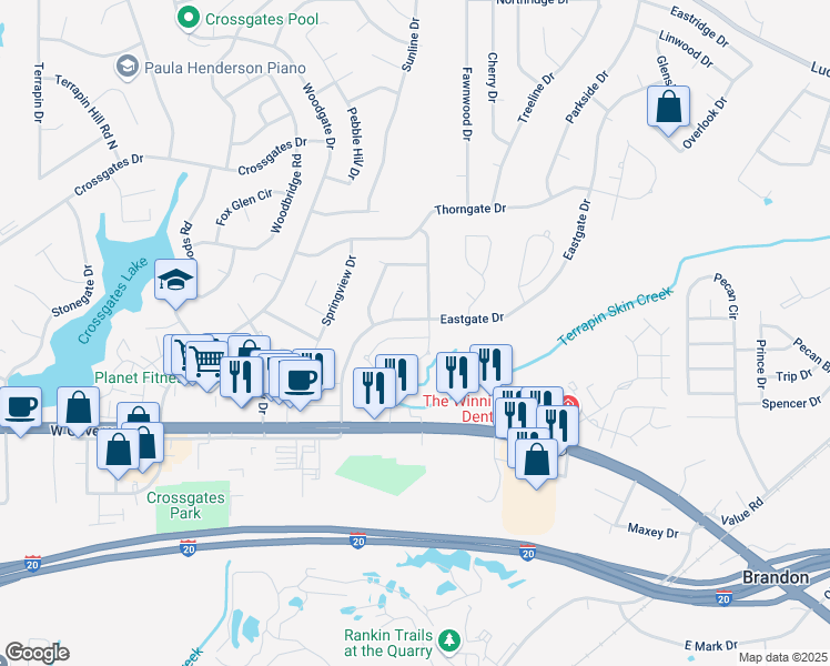 map of restaurants, bars, coffee shops, grocery stores, and more near 49 Eastgate Drive in Brandon