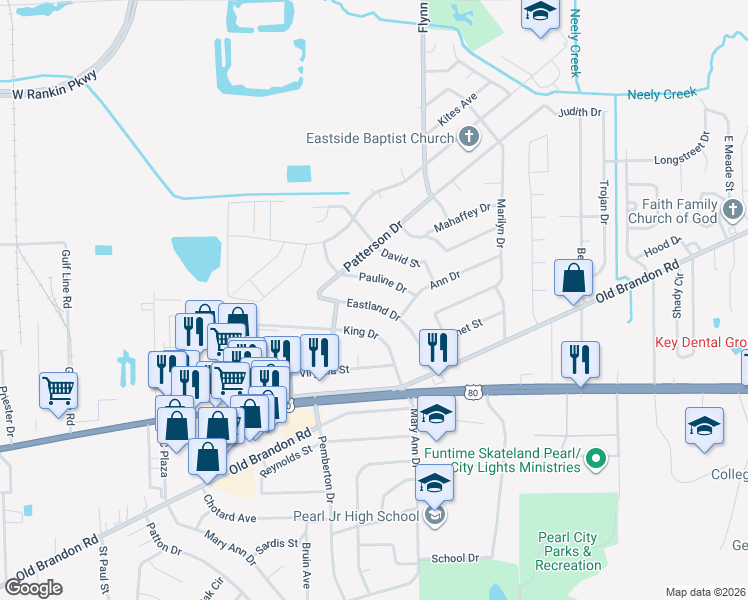 map of restaurants, bars, coffee shops, grocery stores, and more near 3264 Eastland Drive in Pearl